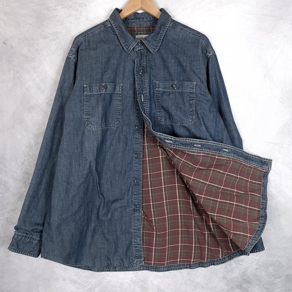 LL Bean Shirt Jacket Mens XL Blue Denim Plaid Lined Button Front Hurrican Shirt